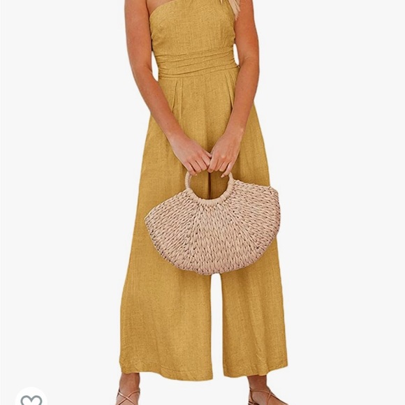 Wide Leg Jumpsuit One Shoulder Spaghetti Strap Pleated Romper with Pockets - Picture 5 of 5